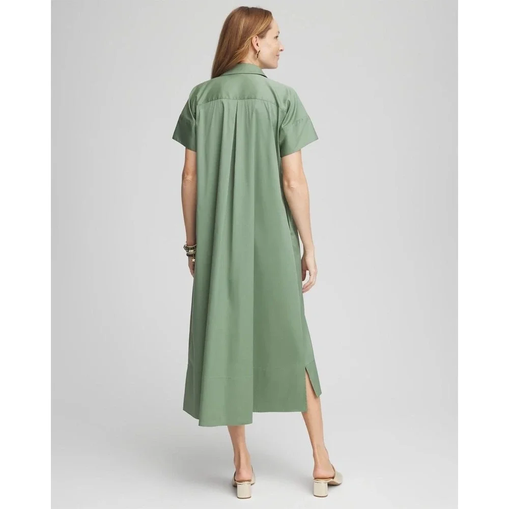 Chicos Olive Green Collared Short Sleeve Shirt Dress Midi Pockets Size 2 - Picture 3 of 9